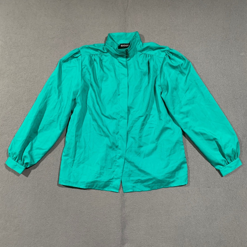 AnnChabrol Blouse Womens 16 Aqua Vintage 80s High Neck Puff Sleeve Secretary